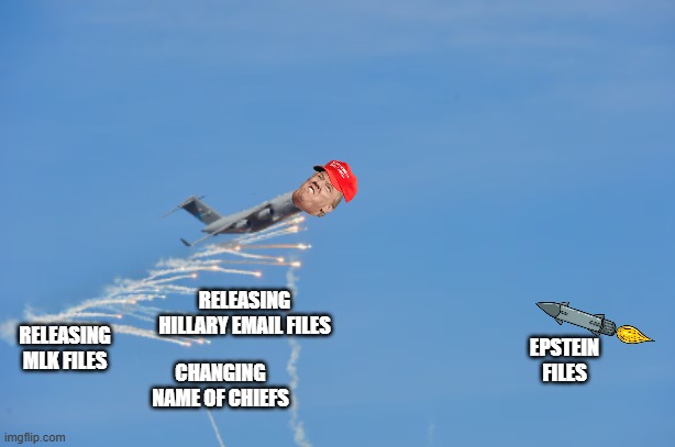 Donni sending countermeasures | RELEASING HILLARY EMAIL FILES; RELEASING MLK FILES; CHANGING NAME OF CHIEFS; EPSTEIN FILES | image tagged in maga,jeffrey epstein,epstein,donald trump,trump,trump supporters | made w/ Imgflip meme maker