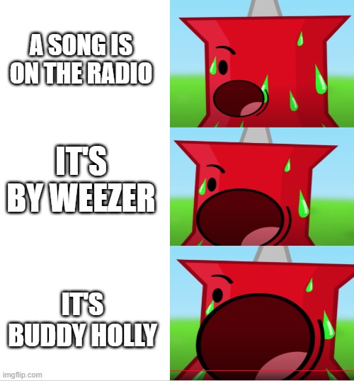 Weezer is awesome | A SONG IS ON THE RADIO; IT'S BY WEEZER; IT'S BUDDY HOLLY | image tagged in pins scream intensifying | made w/ Imgflip meme maker