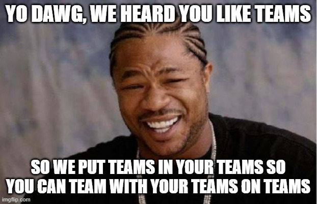 Yo Dawg Heard You Meme | YO DAWG, WE HEARD YOU LIKE TEAMS; SO WE PUT TEAMS IN YOUR TEAMS SO YOU CAN TEAM WITH YOUR TEAMS ON TEAMS | image tagged in memes,yo dawg heard you | made w/ Imgflip meme maker