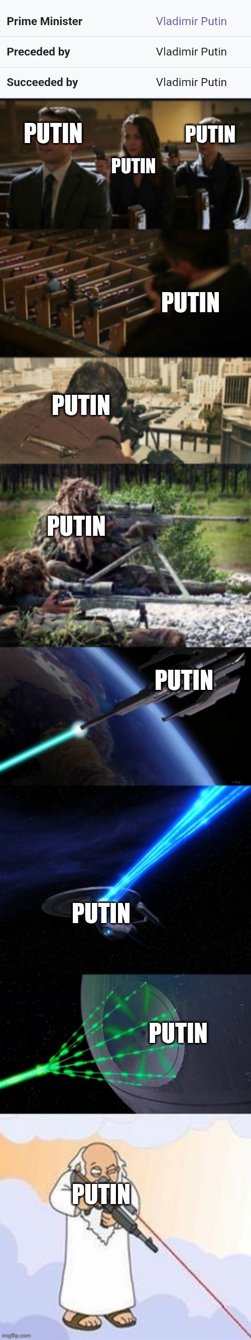 PUTIN; PUTIN; PUTIN; PUTIN; PUTIN; PUTIN; PUTIN; PUTIN; PUTIN; PUTIN | image tagged in assassination chain with too many assassins | made w/ Imgflip meme maker