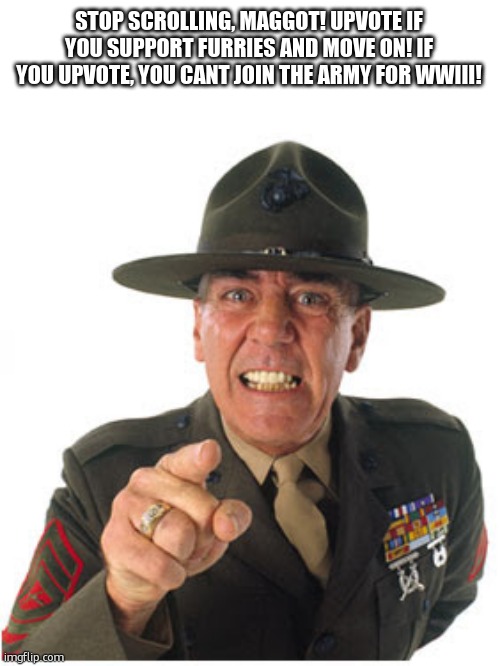 Marine Drill Sargeant | STOP SCROLLING, MAGGOT! UPVOTE IF YOU SUPPORT FURRIES AND MOVE ON! IF YOU UPVOTE, YOU CANT JOIN THE ARMY FOR WWIII! | image tagged in marine drill sargeant | made w/ Imgflip meme maker