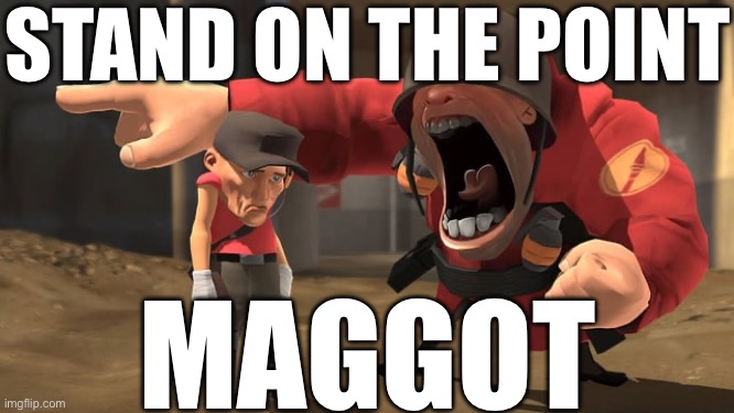 Soldier yelling at scout | STAND ON THE POINT MAGGOT | image tagged in soldier yelling at scout | made w/ Imgflip meme maker