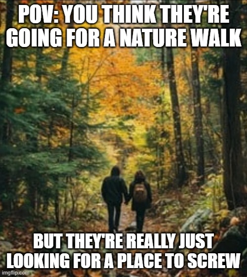 Nature Walk | POV: YOU THINK THEY'RE GOING FOR A NATURE WALK; BUT THEY'RE REALLY JUST LOOKING FOR A PLACE TO SCREW | image tagged in sex jokes | made w/ Imgflip meme maker