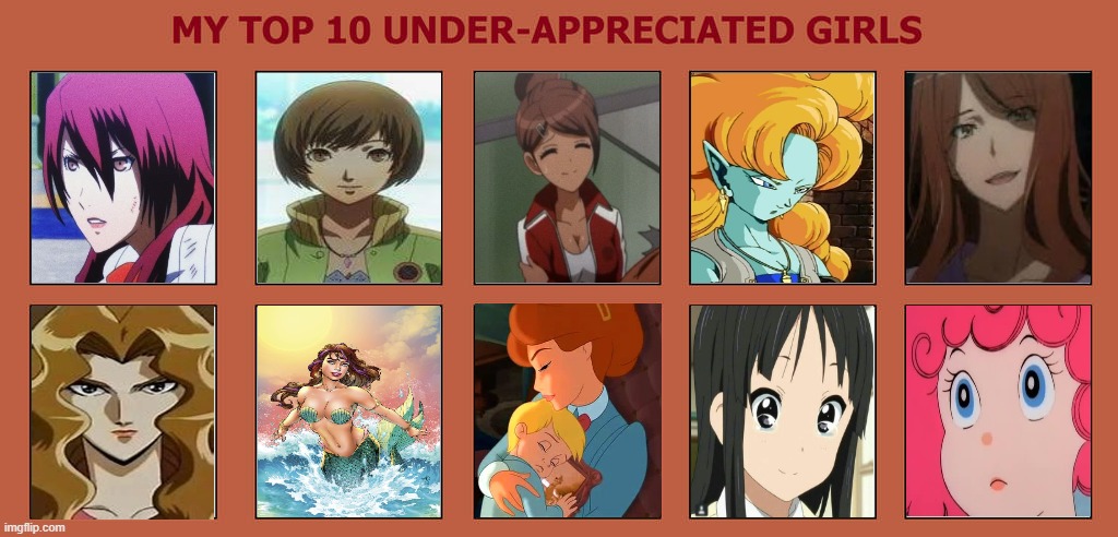 top 10 underappreciated girls | image tagged in top 10 underappreciated girls,anime,videogames,the little mermaid,persona,movies | made w/ Imgflip meme maker