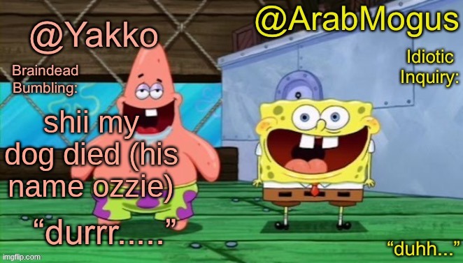 Yakko and ArabMogus’s shared temp | shii my dog died (his name ozzie) | image tagged in yakko and arabmogus s shared temp | made w/ Imgflip meme maker