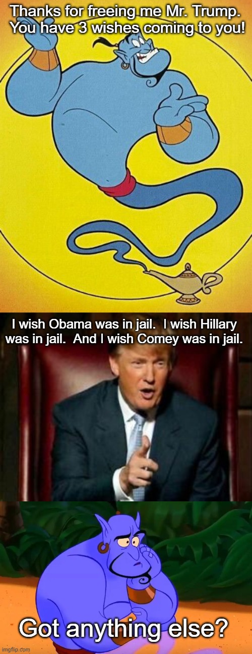 No.  It ain't happening.  No DC grand jury will ever indict.  No New York grand jury will indict.  It just isn't happening. | Thanks for freeing me Mr. Trump.  You have 3 wishes coming to you! I wish Obama was in jail.  I wish Hillary was in jail.  And I wish Comey was in jail. Got anything else? | image tagged in donald trump | made w/ Imgflip meme maker