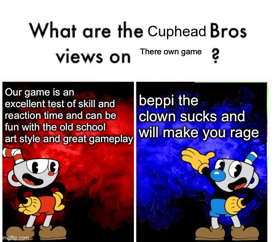 I hate beppi the clown | There own game; Our game is an excellent test of skill and reaction time and can be fun with the old school art style and great gameplay; beppi the clown sucks and will make you rage | image tagged in cup head v mug man,cuphead | made w/ Imgflip meme maker