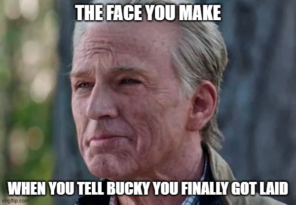 No Longer a Virgin | THE FACE YOU MAKE; WHEN YOU TELL BUCKY YOU FINALLY GOT LAID | image tagged in captain america | made w/ Imgflip meme maker