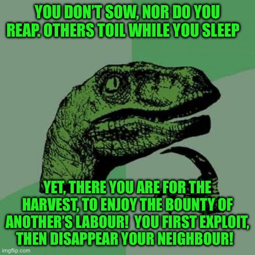 Philosoraptor | YOU DON’T SOW, NOR DO YOU REAP. OTHERS TOIL WHILE YOU SLEEP; YET, THERE YOU ARE FOR THE HARVEST, TO ENJOY THE BOUNTY OF ANOTHER’S LABOUR!  YOU FIRST EXPLOIT,  THEN DISAPPEAR YOUR NEIGHBOUR! | image tagged in memes,philosoraptor | made w/ Imgflip meme maker