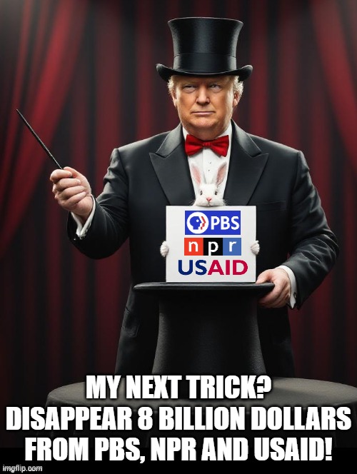 Disappear 8 billion Dollars!! | MY NEXT TRICK? DISAPPEAR 8 BILLION DOLLARS FROM PBS, NPR AND USAID! | image tagged in magical | made w/ Imgflip meme maker