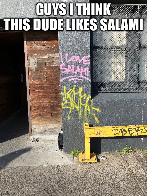 guys i think this dude likes salami | GUYS I THINK THIS DUDE LIKES SALAMI | image tagged in graffiti,salami,food,stupid humor | made w/ Imgflip meme maker