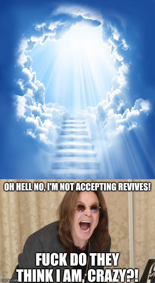OH HELL NO, I'M NOT ACCEPTING REVIVES! FUCK DO THEY THINK I AM, CRAZY?! | image tagged in heaven,ozzy osbourne yell | made w/ Imgflip meme maker