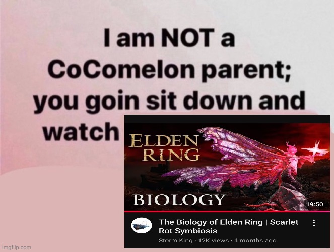 I am NOT a CoComelon parent; you goin sit down and watch | image tagged in i am not a cocomelon parent you goin sit down and watch,memes,elden ring,speculative evolution,shitpost,lol | made w/ Imgflip meme maker