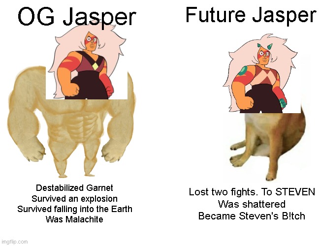 A Fall From Grace ? | OG Jasper; Future Jasper; Destabilized Garnet
Survived an explosion
Survived falling into the Earth
Was Malachite; Lost two fights. To STEVEN
Was shattered
Became Steven's B!tch | image tagged in memes,buff doge vs cheems | made w/ Imgflip meme maker