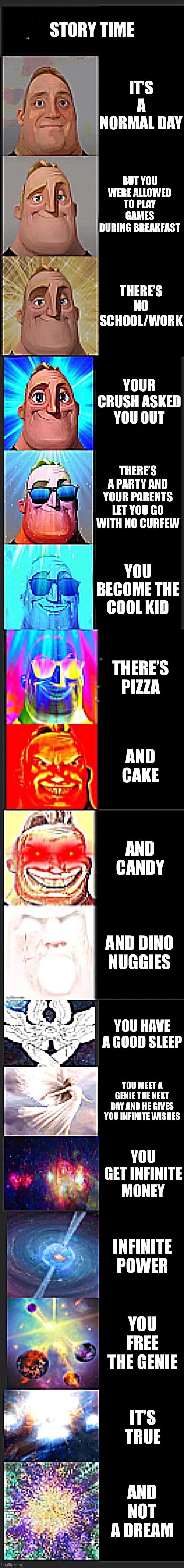 plot twist: it was a prank | STORY TIME; IT’S A NORMAL DAY; BUT YOU WERE ALLOWED TO PLAY GAMES DURING BREAKFAST; THERE’S NO SCHOOL/WORK; YOUR CRUSH ASKED YOU OUT; THERE’S A PARTY AND YOUR PARENTS LET YOU GO WITH NO CURFEW; YOU BECOME THE COOL KID; THERE’S PIZZA; AND CAKE; AND CANDY; AND DINO NUGGIES; YOU HAVE A GOOD SLEEP; YOU MEET A GENIE THE NEXT DAY AND HE GIVES YOU INFINITE WISHES; YOU GET INFINITE MONEY; INFINITE POWER; YOU FREE THE GENIE; IT’S TRUE; AND NOT A DREAM | image tagged in mr incredible becoming canny extended | made w/ Imgflip meme maker