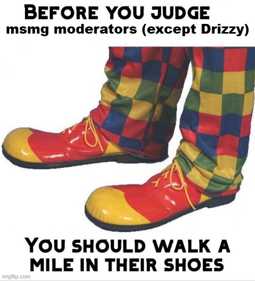 Before you judge x you should walk a mile in their shoes | msmg moderators (except Drizzy) | image tagged in before you judge x you should walk a mile in their shoes | made w/ Imgflip meme maker