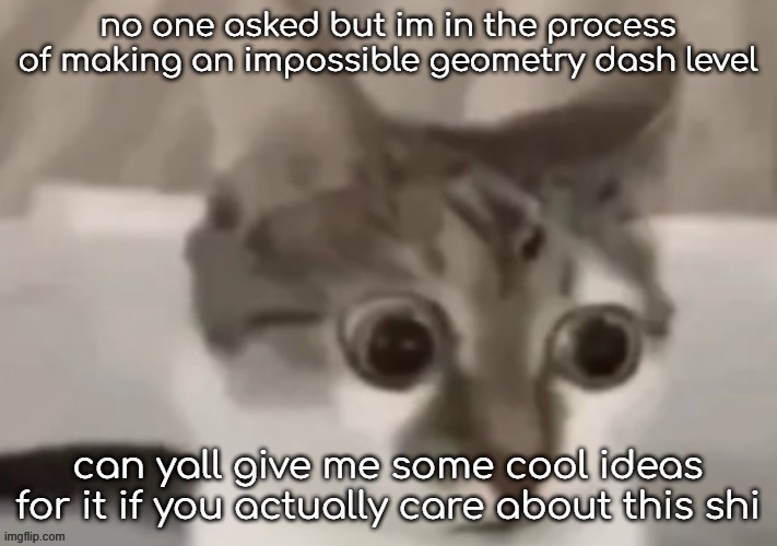 bombastic side eye cat | no one asked but im in the process of making an impossible geometry dash level; can yall give me some cool ideas for it if you actually care about this shi | image tagged in bombastic side eye cat | made w/ Imgflip meme maker