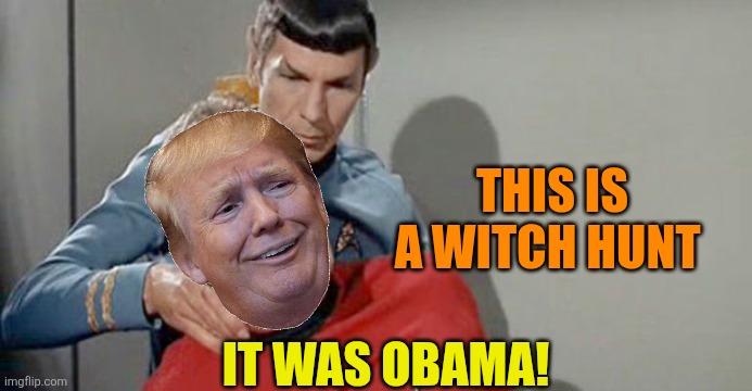 Neck Pain Spock | THIS IS A WITCH HUNT IT WAS OBAMA! | image tagged in neck pain spock | made w/ Imgflip meme maker