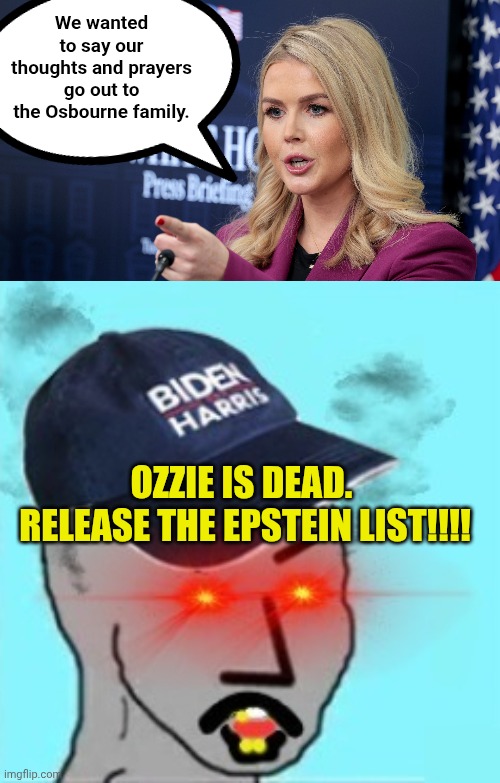 We wanted to say our thoughts and prayers go out to the Osbourne family. OZZIE IS DEAD.  RELEASE THE EPSTEIN LIST!!!! | image tagged in karoline leavitt scolding,commie npc a sydneyb template | made w/ Imgflip meme maker