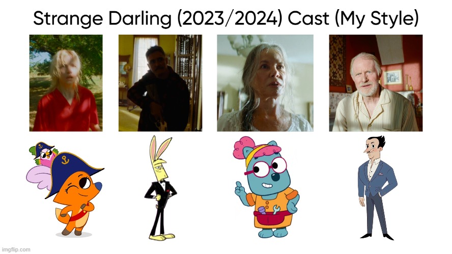 Strange Darling (2023/2024) Cast (My Style) | image tagged in strange darling 2023/2024 cast my style,meme,memes,spoof cast,strange darling,characters | made w/ Imgflip meme maker