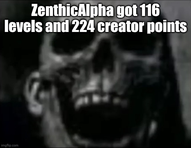 almost double? | ZenthicAlpha got 116 levels and 224 creator points | image tagged in mr incredible skull | made w/ Imgflip meme maker