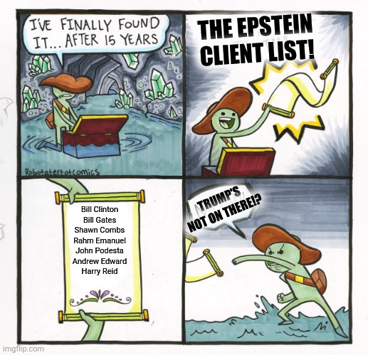 baww bawwwww | THE EPSTEIN CLIENT LIST! TRUMP'S NOT ON THERE!? Bill Clinton
Bill Gates
Shawn Combs
Rahm Emanuel
John Podesta
Andrew Edward
Harry Reid | image tagged in the scroll of truth,political meme | made w/ Imgflip meme maker