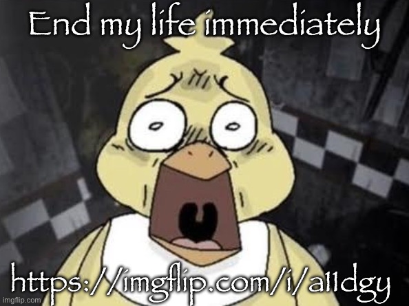 Chica fnaf is scared af | End my life immediately; https://imgflip.com/i/a11dgy | image tagged in chica fnaf is scared af | made w/ Imgflip meme maker
