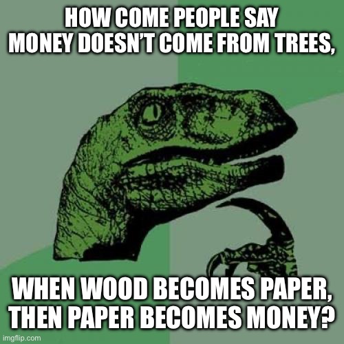 Philosoraptor | HOW COME PEOPLE SAY MONEY DOESN’T COME FROM TREES, WHEN WOOD BECOMES PAPER, THEN PAPER BECOMES MONEY? | image tagged in memes,philosoraptor | made w/ Imgflip meme maker