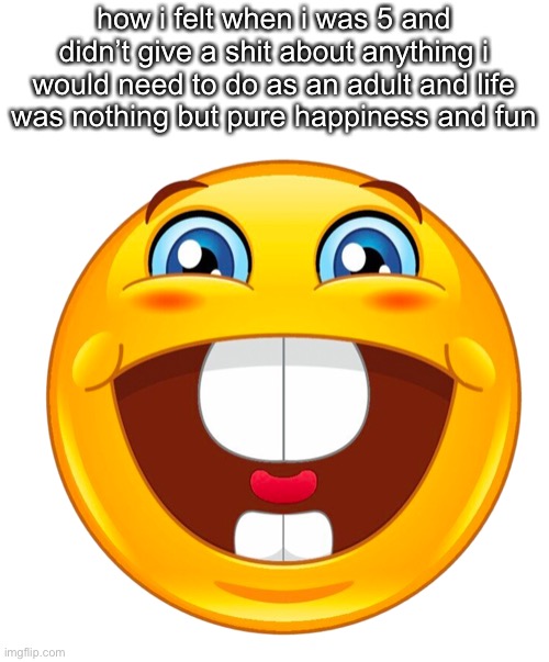 buck tooth smile | how i felt when i was 5 and didn’t give a shit about anything i would need to do as an adult and life was nothing but pure happiness and fun | image tagged in buck tooth smile | made w/ Imgflip meme maker