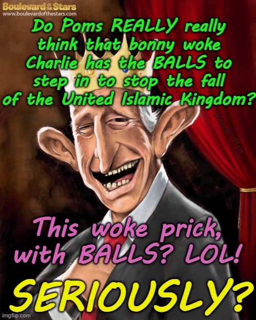 Do the English REALLY think Charlie can step in to save them? SERIOUSLY? | Do Poms REALLY really think that bonny woke Charlie has the BALLS to step in to stop the fall of the United Islamic Kingdom? Yarra Man; This woke prick, with BALLS? LOL! SERIOUSLY? | image tagged in islamic invasion,european islamic union von der leyen,united islamic kingdom,uin eiu klaus schwab,quisling,the fall | made w/ Imgflip meme maker