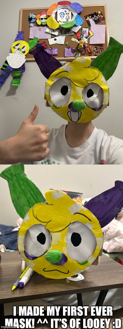 Ignore my obvious hyperfixation in the background :’) | I MADE MY FIRST EVER MASK! ^^ IT’S OF LOOEY :D | image tagged in wawa | made w/ Imgflip meme maker