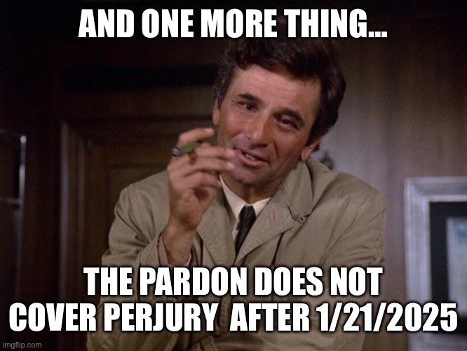 colombo | AND ONE MORE THING… THE PARDON DOES NOT COVER PERJURY  AFTER 1/21/2025 | image tagged in colombo | made w/ Imgflip meme maker