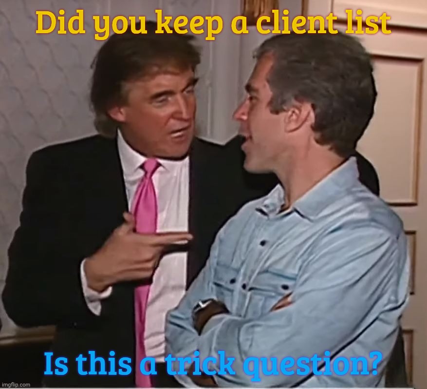 When you have doubts about the existence of a list you were on as a buddy | Did you keep a client list; Is this a trick question? | image tagged in trump epstein party,epstein client list,to be or not maybe,that is the ridiculous suggestion,it's gone,just like epstein | made w/ Imgflip meme maker