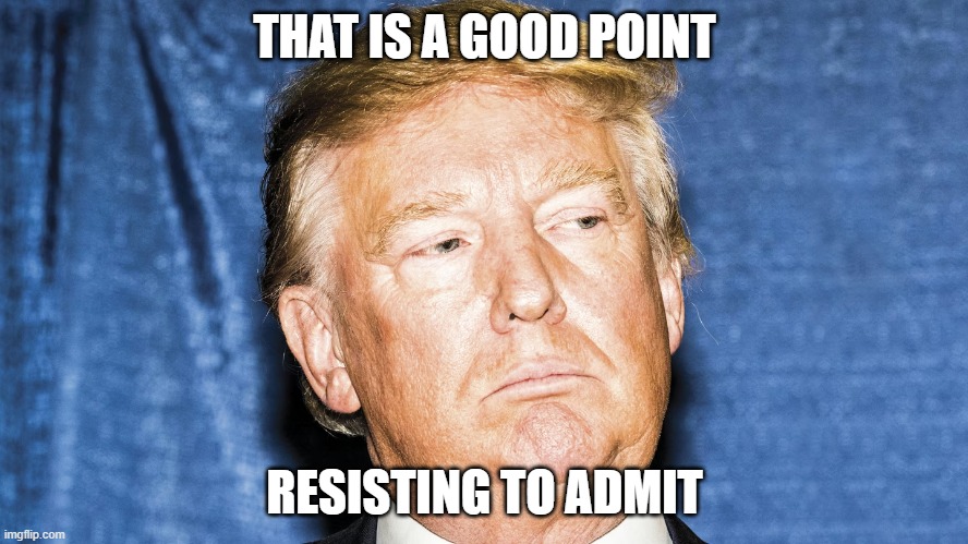 Resisting to admit | THAT IS A GOOD POINT; RESISTING TO ADMIT | image tagged in resist,trump | made w/ Imgflip meme maker