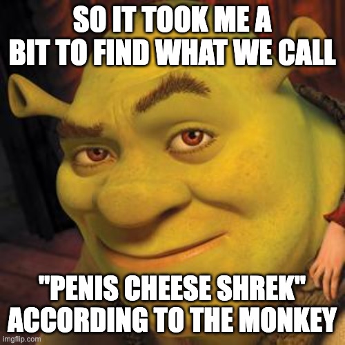 Shrek Sexy Face | SO IT TOOK ME A BIT TO FIND WHAT WE CALL "PENIS CHEESE SHREK" ACCORDING TO THE MONKEY | image tagged in shrek sexy face | made w/ Imgflip meme maker
