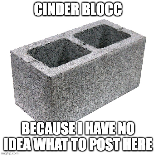 guh (mod note: what are your latest convos?) | CINDER BLOCC; BECAUSE I HAVE NO IDEA WHAT TO POST HERE | image tagged in cinder block concrete block cement brick | made w/ Imgflip meme maker