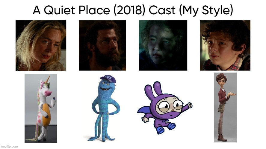 A Quiet Place (2018) Cast (My Style) | image tagged in a quiet place 2018 cast my style,spoof cast,meme,memes,characters,a quiet place | made w/ Imgflip meme maker