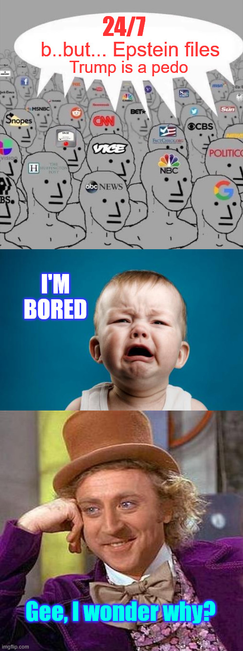 Even libs are now getting tired of their MSM propaganda | 24/7; b..but... Epstein files; Trump is a pedo; I'M BORED; Gee, I wonder why? | image tagged in media npcs,crybaby,memes,creepy condescending wonka | made w/ Imgflip meme maker