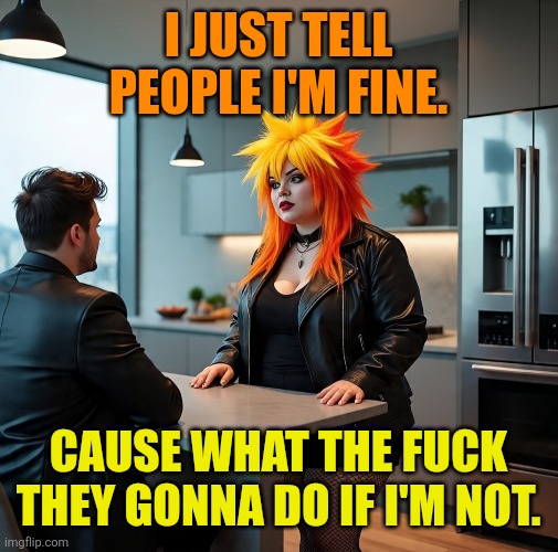 Life | I JUST TELL PEOPLE I'M FINE. CAUSE WHAT THE FUCK THEY GONNA DO IF I'M NOT. | image tagged in real life | made w/ Imgflip meme maker
