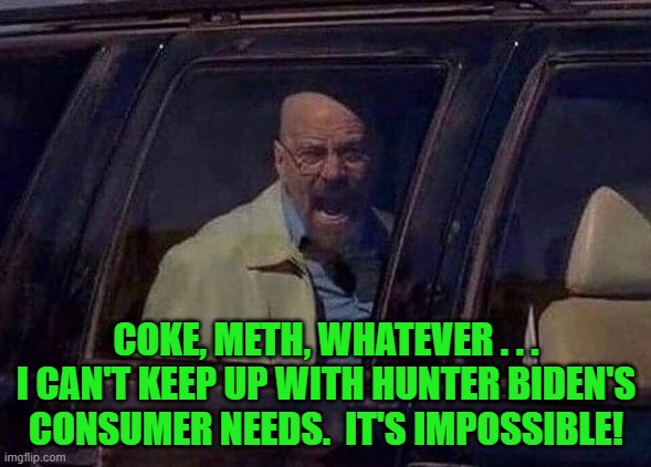 Even the best in the business can get overwhelmed. | COKE, METH, WHATEVER . . . I CAN'T KEEP UP WITH HUNTER BIDEN'S CONSUMER NEEDS.  IT'S IMPOSSIBLE! | image tagged in walter white screaming at hank | made w/ Imgflip meme maker