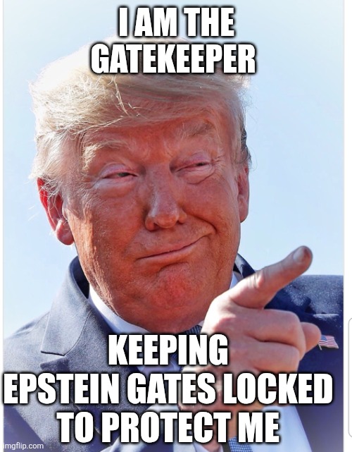 Trump pointing | I AM THE GATEKEEPER KEEPING  EPSTEIN GATES LOCKED 
TO PROTECT ME | image tagged in trump pointing | made w/ Imgflip meme maker