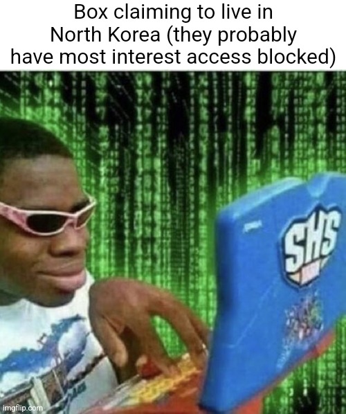 Ryan Beckford | Box claiming to live in North Korea (they probably have most interest access blocked) | image tagged in ryan beckford | made w/ Imgflip meme maker