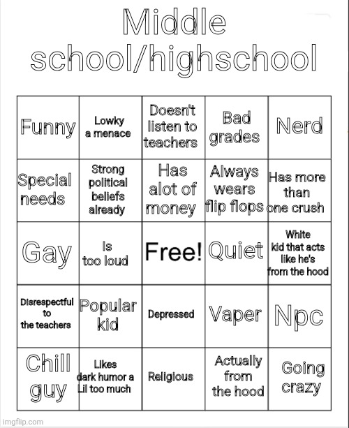 School bingo | Middle school/highschool; Doesn't listen to teachers; Lowky a menace; Nerd; Funny; Bad grades; Has alot of money; Special needs; Always wears flip flops; Has more than one crush; Strong political beliefs already; Quiet; Gay; White kid that acts like he's from the hood; Is too loud; Disrespectful to the teachers; Popular kid; Npc; Vaper; Depressed; Likes dark humor a Lil too much; Going crazy; Chill guy; Religious; Actually from the hood | made w/ Imgflip meme maker