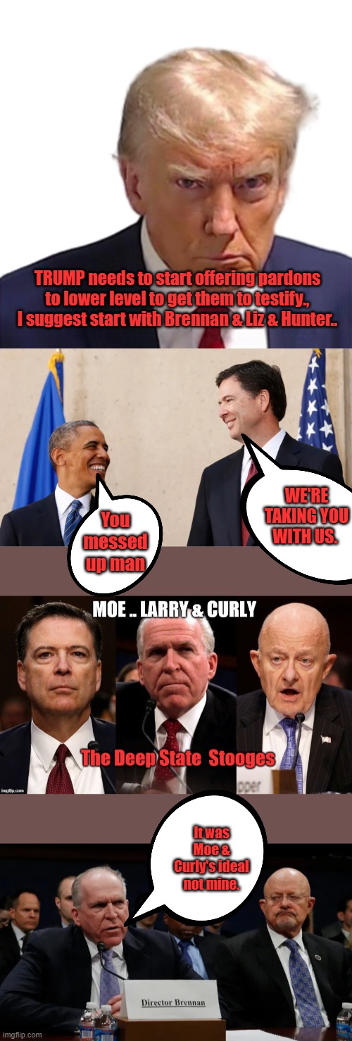 ' We'll all hang if they find out & Trump gets elected " who said it after LAUER interview | TRUMP needs to start offering pardons to lower level to get them to testify., I suggest start with Brennan & Liz & Hunter.. WE'RE TAKING YOU WITH US. You messed up man; It was Moe & Curly's ideal not mine. | image tagged in trump mugshot | made w/ Imgflip meme maker