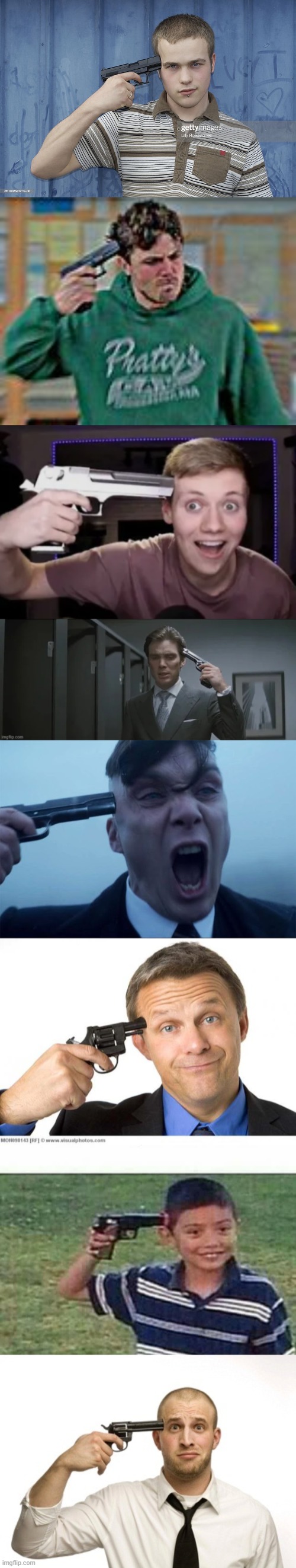 image tagged in gun to head,gun pointed at head,thomas shelby holds a gun to his head | made w/ Imgflip meme maker