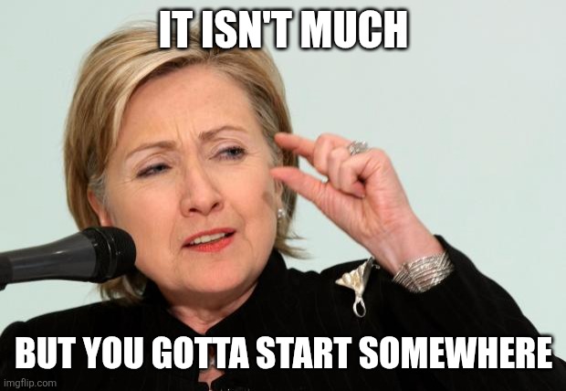 Hillary Clinton Fingers | IT ISN'T MUCH BUT YOU GOTTA START SOMEWHERE | image tagged in hillary clinton fingers | made w/ Imgflip meme maker