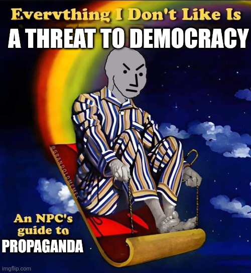 Everything I don't like is | A THREAT TO DEMOCRACY PROPAGANDA | image tagged in everything i don't like is | made w/ Imgflip meme maker