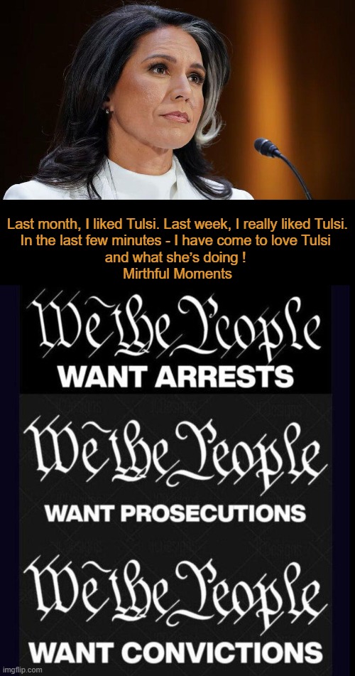 Americans FOR America | Last month, I liked Tulsi. Last week, I really liked Tulsi.

In the last few minutes - I have come to love Tulsi 
and what she’s doing ! 

Mirthful Moments | image tagged in who wants change,government corruption,evil government,consequences,enough is enough,justice | made w/ Imgflip meme maker
