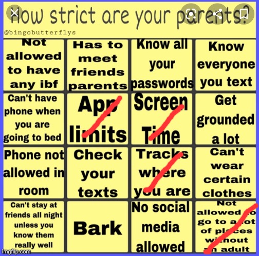 Thank god I don’t have that sctrict parents | image tagged in strict parent bingo | made w/ Imgflip meme maker