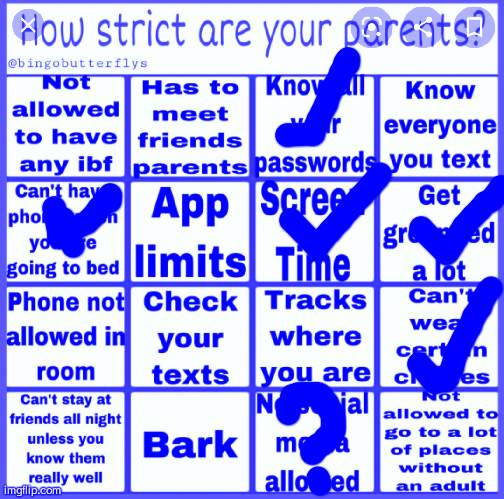 this is for my dads house. my biological mom is a lot less strict | image tagged in strict parent bingo | made w/ Imgflip meme maker